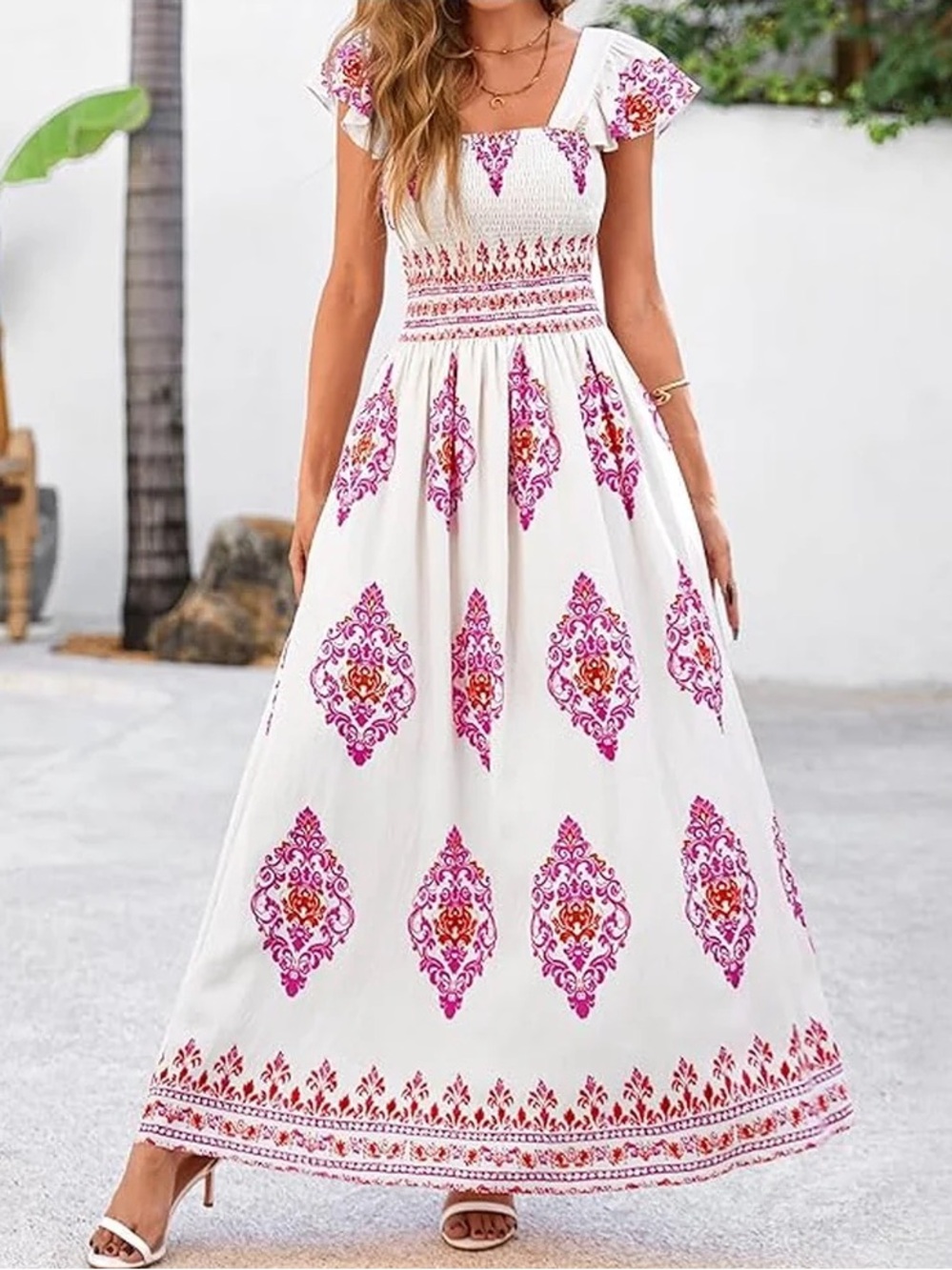 BTFBM medium smocked White Maxi Sundress with Pink & Orange Medallion Print